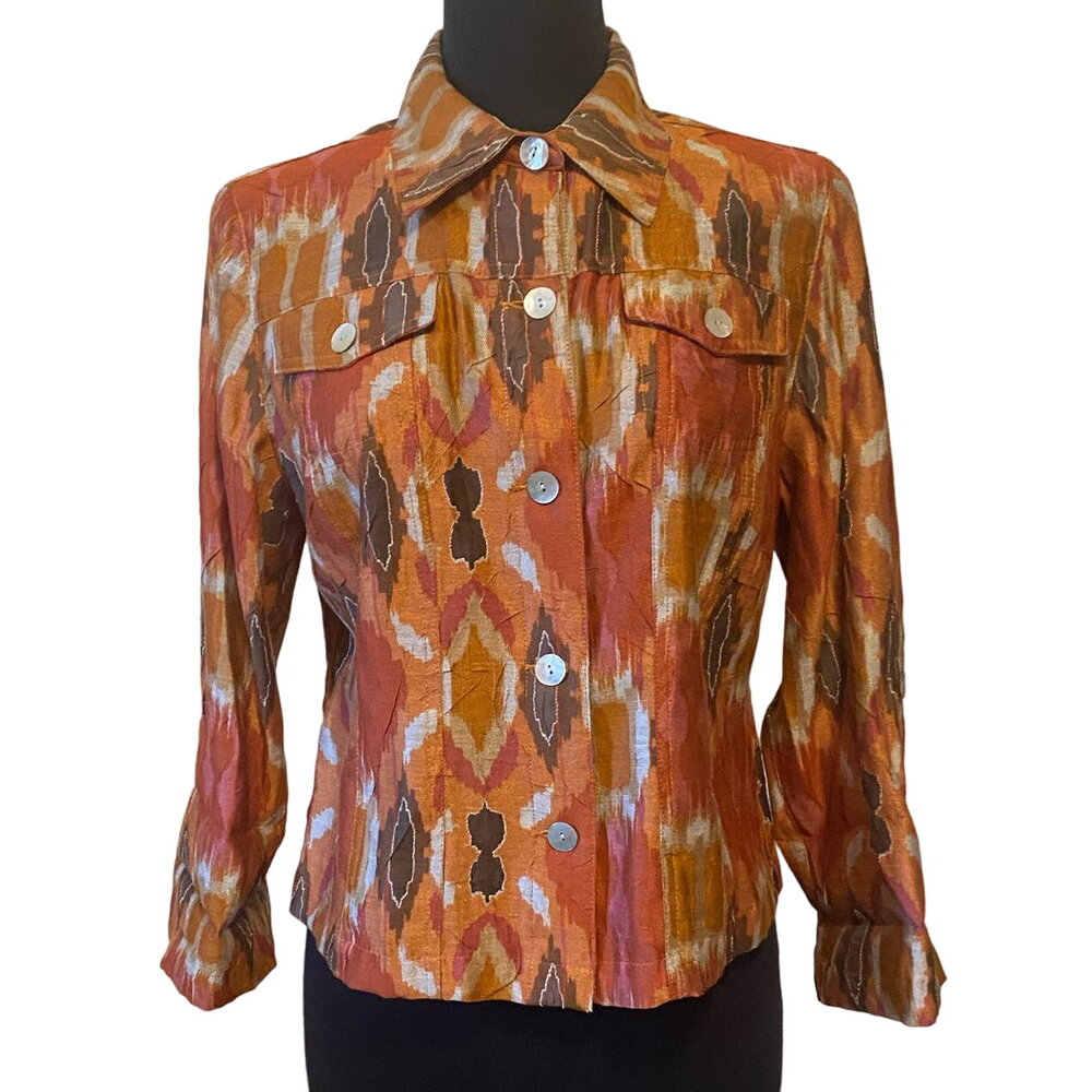 Ruby Rd. Women's Orange Fall Colors Roll Tab Sleeve Button Blouse Size 10 Petite